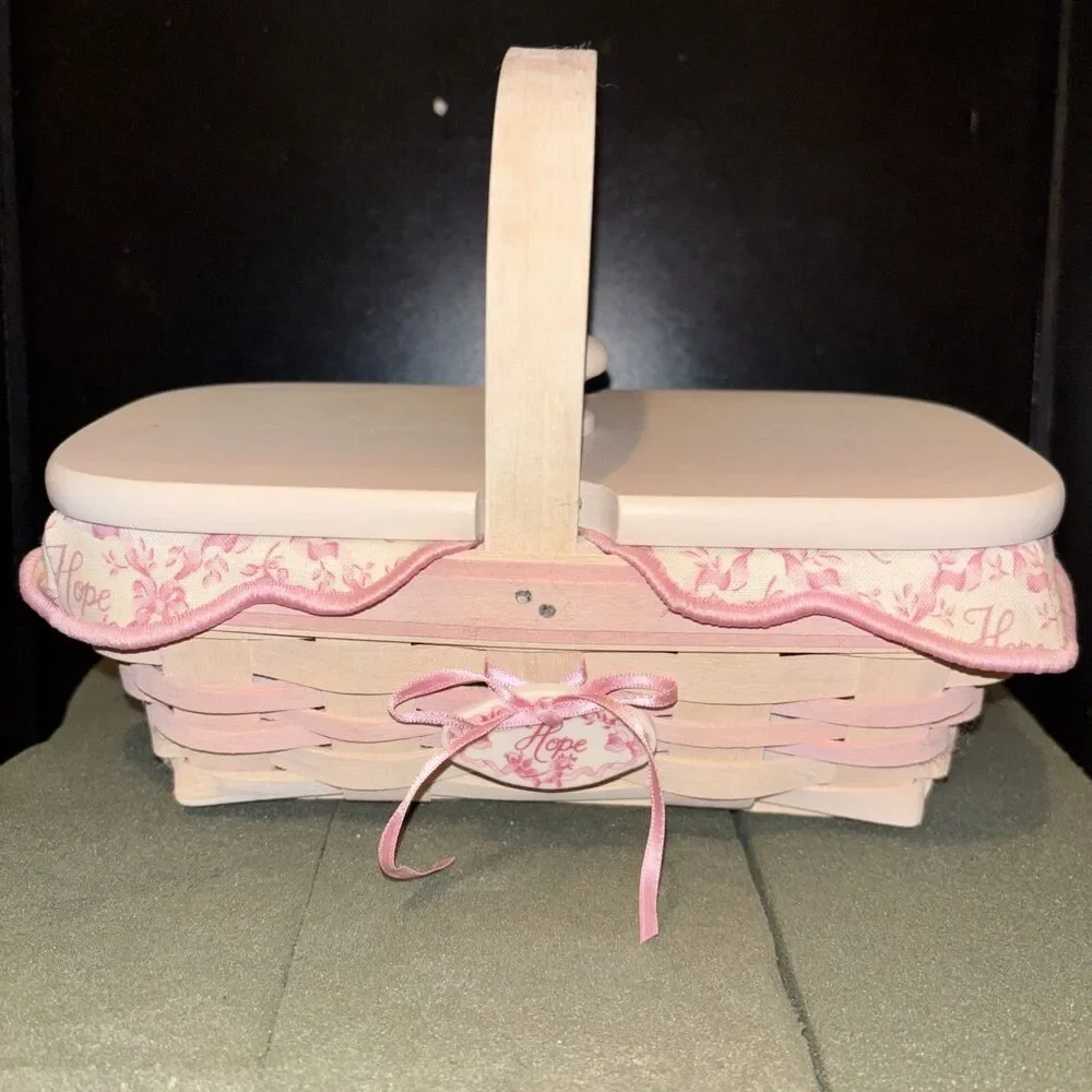 Longaberger 2000 Pink HOPE Breast Cancer Basket Liner Lid Tie-On & Protector